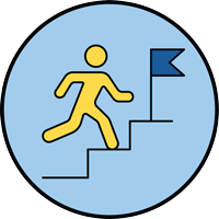 icon of person walking up stairs to a blue flag