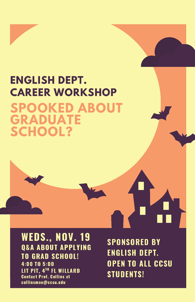 Flyer for English Department Career Workshop: Spooked About Graduate School?