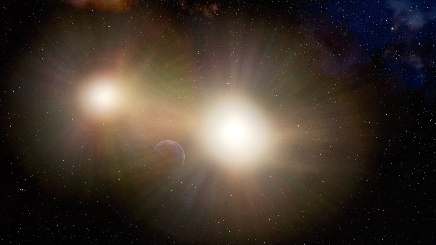 A binary star system has two stars revolving around one center of mass. (Image credit: International Gemini Observatory/NOIRLab/NSF/AURA/J. da Silva (Spaceengine))