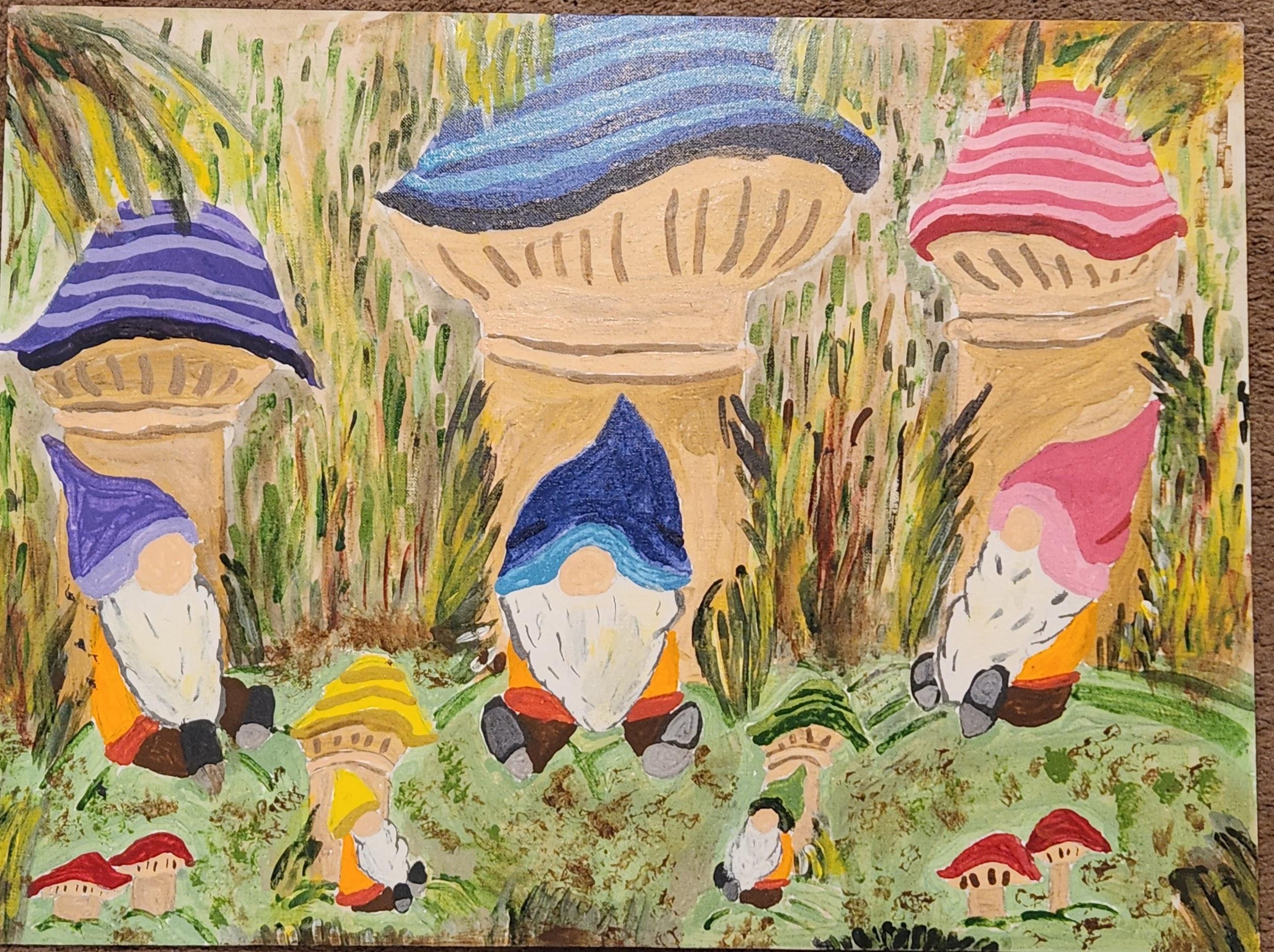 "Grass Gnomes Village" by Melinda Gonzalez; acrylic on canvas panel, 18 x 24 inches
