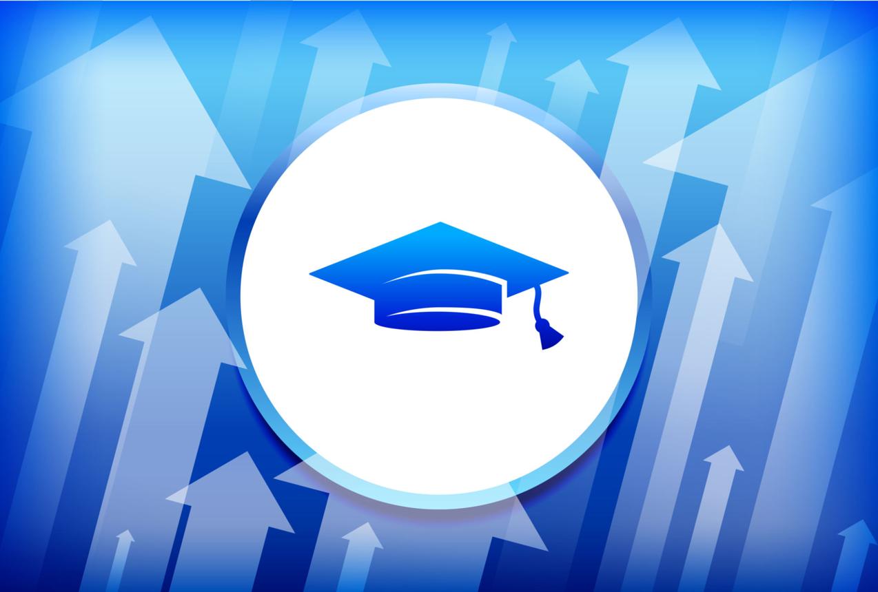 blue graduation cap with arrows pointing upwards