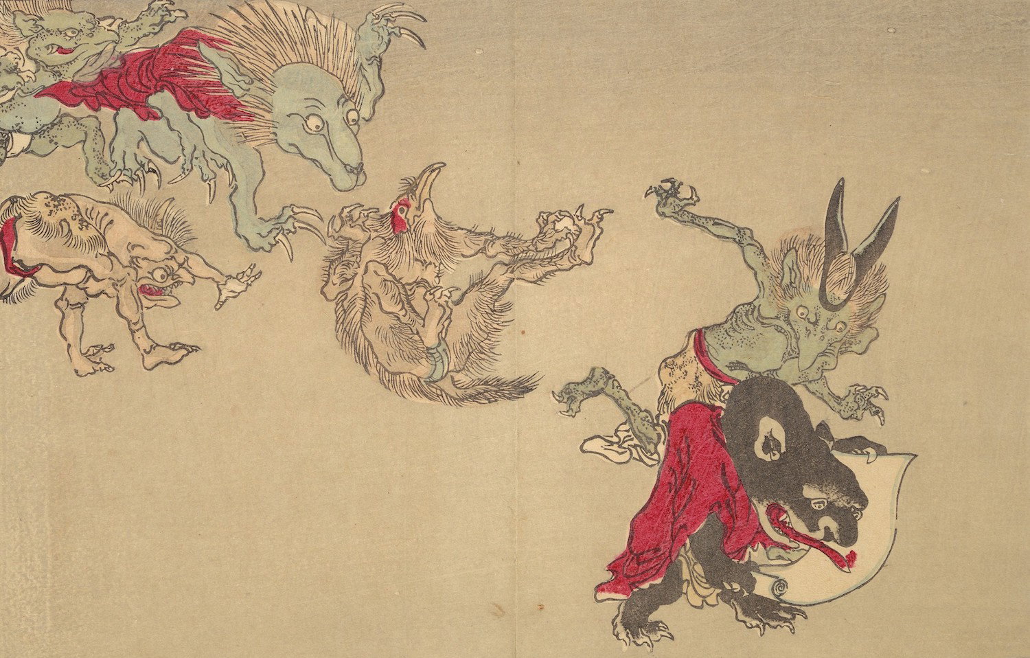  A group of rowdy ghouls appears, including, at far right, a demon in a red robe with a hand scroll. Featured on PDR in the collection Kawanable Kyōsai’s Night Parade of One Hundred Demons (1890)