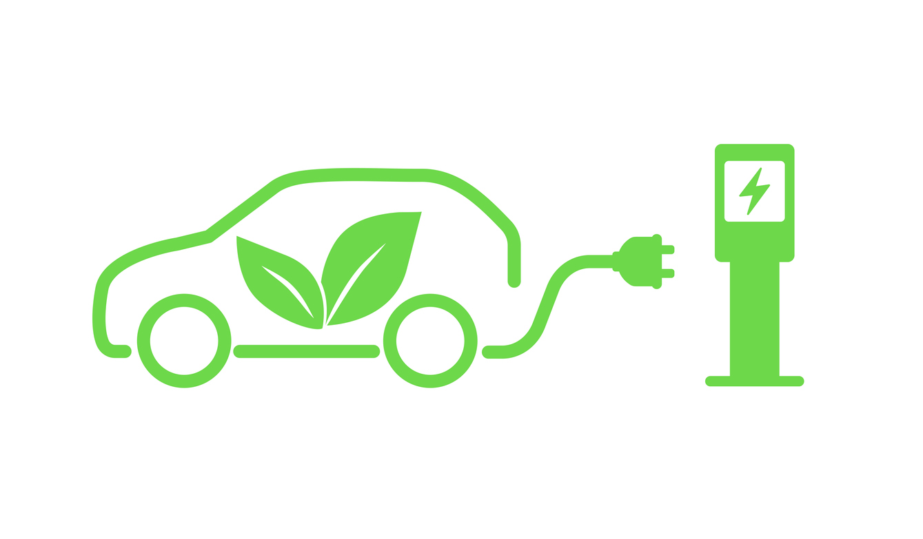 Green graphic depicting an electric vehicle and charging station