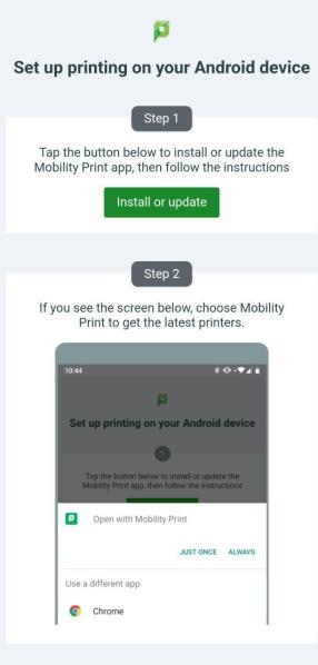 Android Mobility Print configuration page