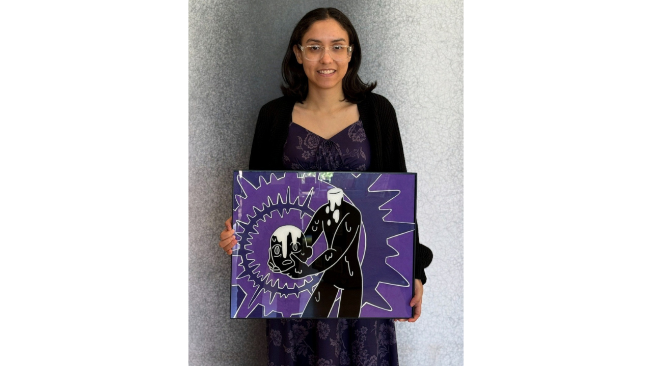 Art student Dinamarie Pace with her painting "Painful Crown"