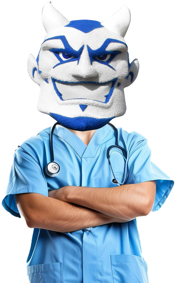 Doctor with blue devil mascot head