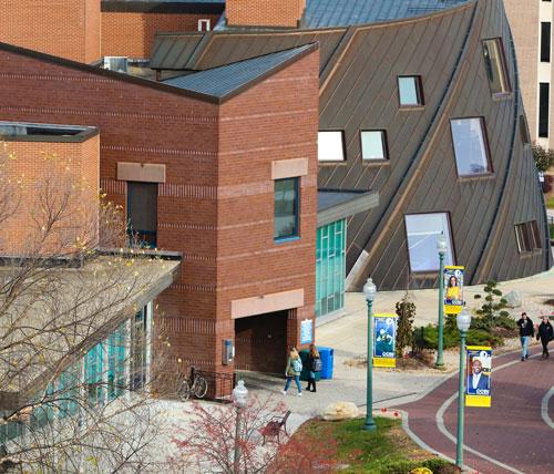aerial of Student Center Main entrance 