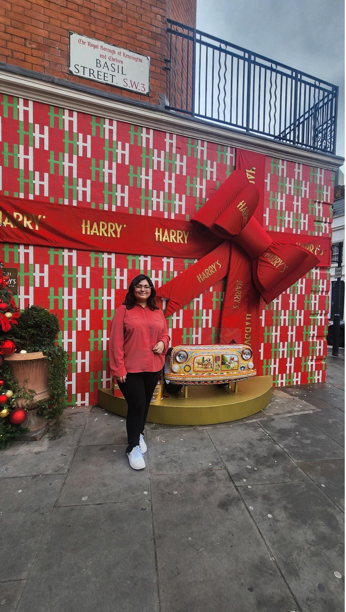 Girl standing infront of Basil Street in UK