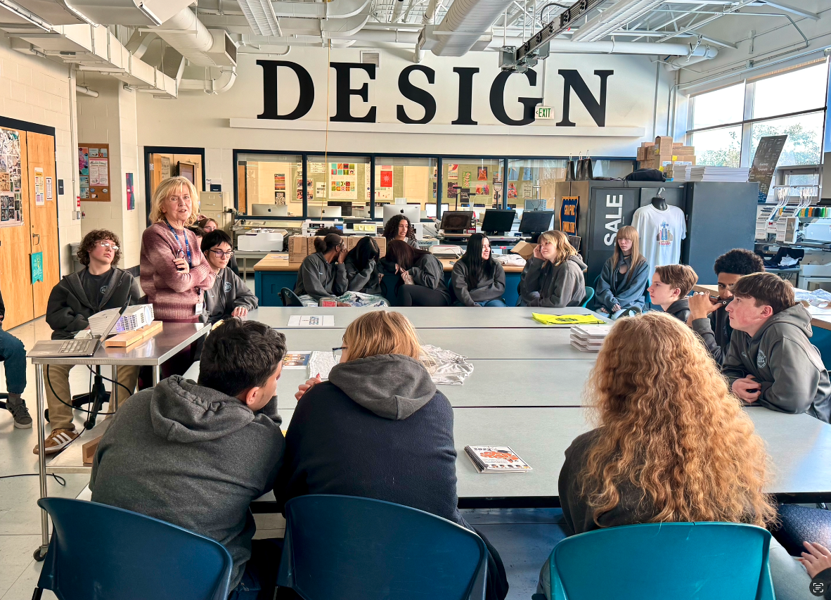 Norwich Tech high school students discuss art and design with Central professor Peggy Loomer.