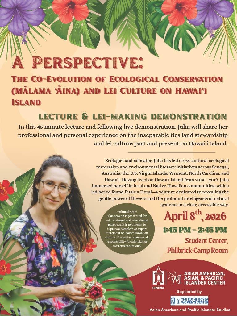 Hawaiian Lei and lecture flyer
