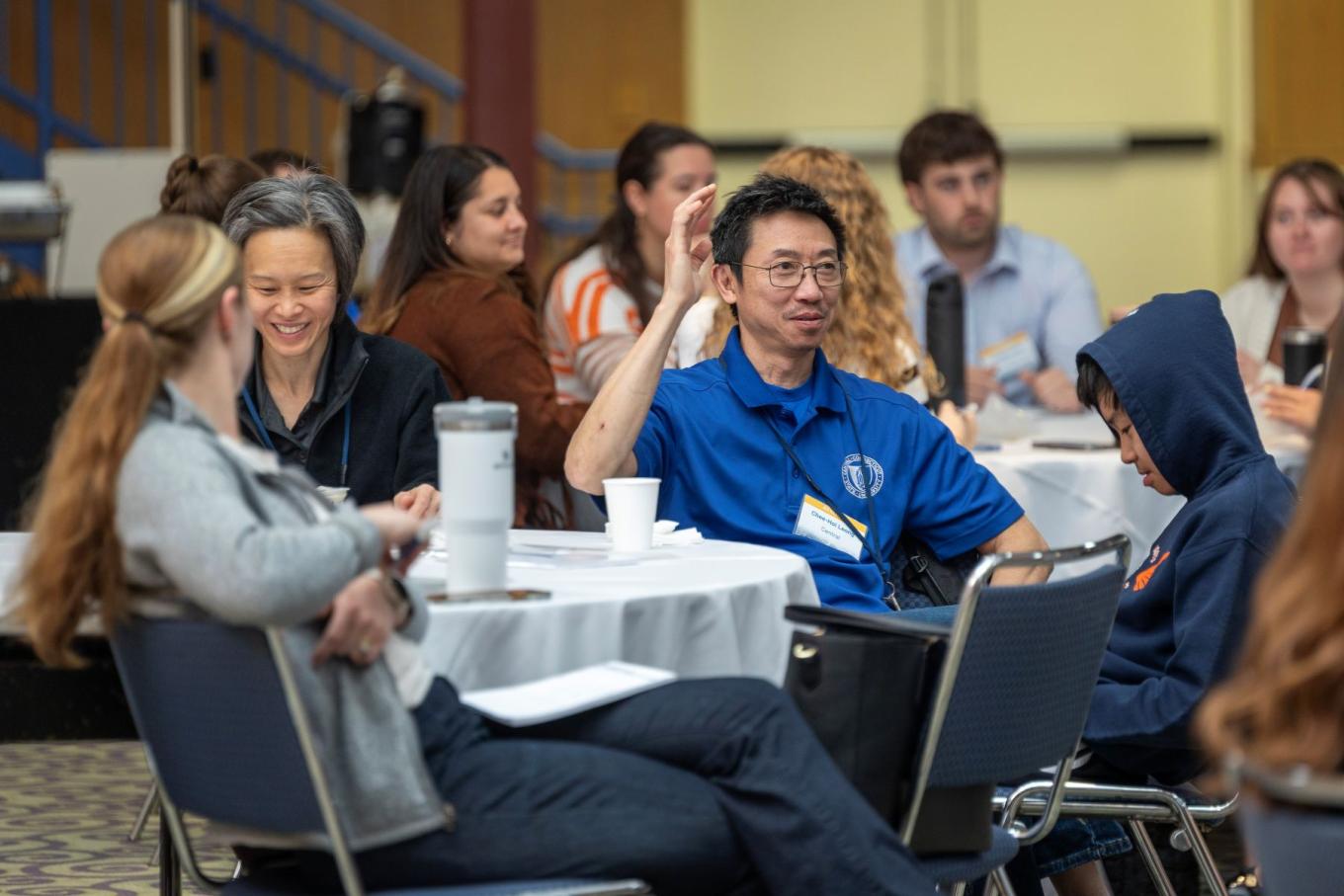The audience responds to a question from keynote speaker Mike Ryan during the inaugural Allied Health Sciences Conference hosted by the College of Health at Central Connecticut State University on April 14.