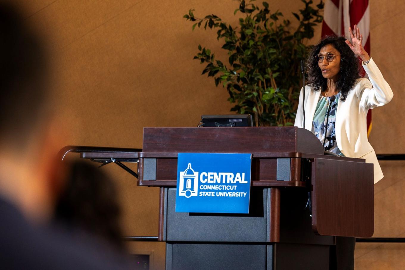 Dr. Jayanthi Kandiah greets attendees at the inaugural Allied Health Sciences Conference