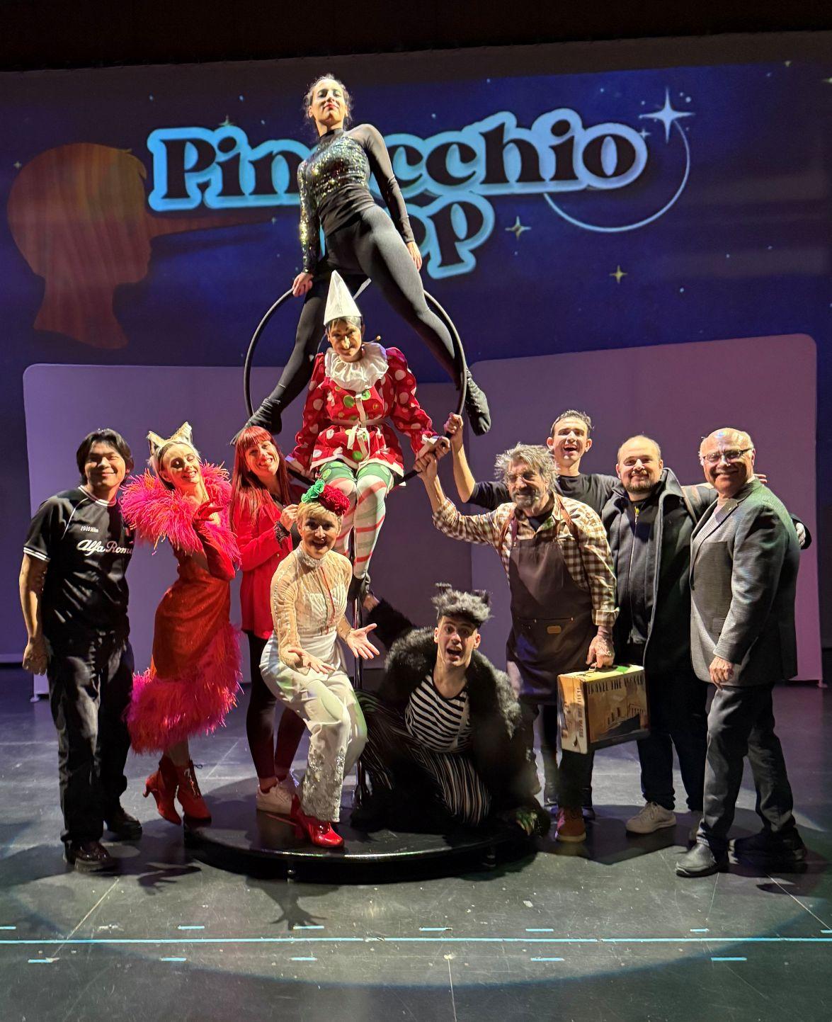 The cast of "Pinocchio Pop" on stage at Welte Auditorium at Central 