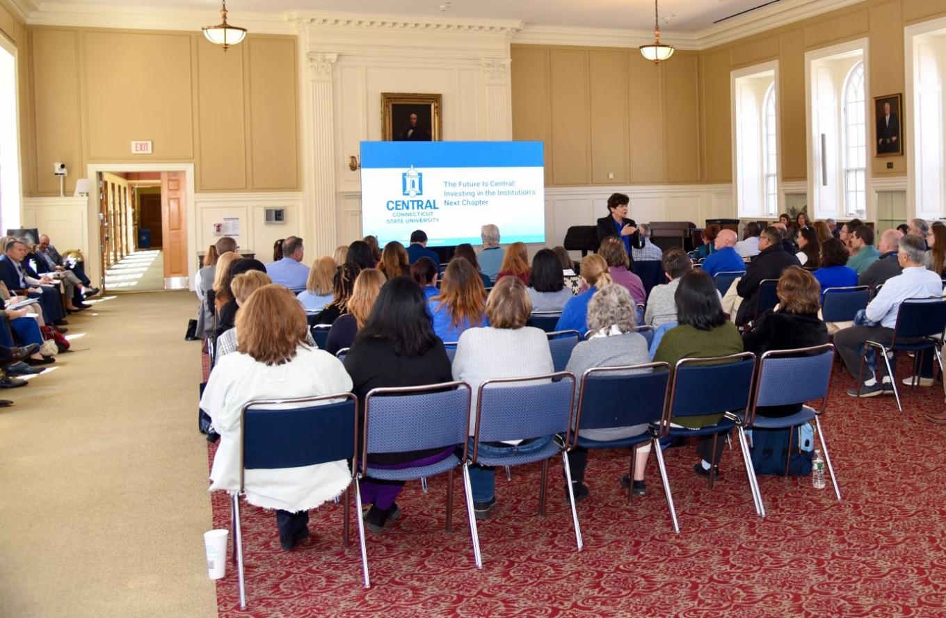President Toro takes a question during the April 8 open forum at Founders Hall.