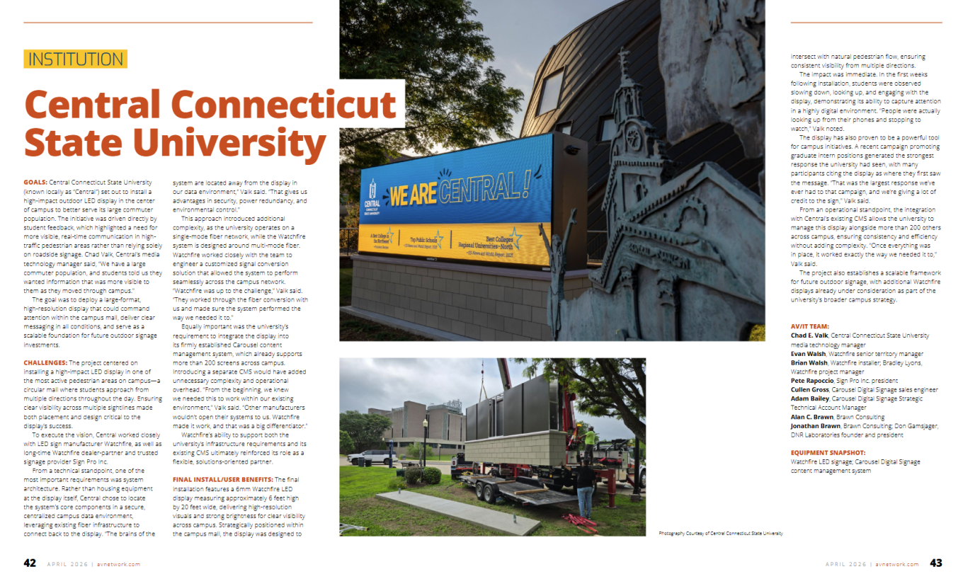 Screenshot of the AV Technology magazine spread about Central's campus LED billboard.