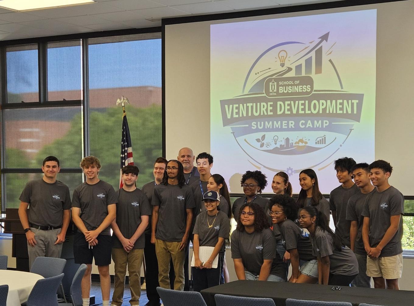 Students in Venture Development Summer Camp are shown in the Constitution Room at Memorial Hall.