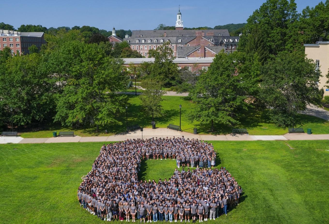 First-year students form the letter C on Vance lawn.