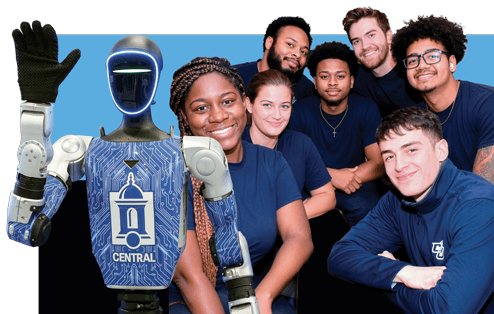 students and robot greeting people