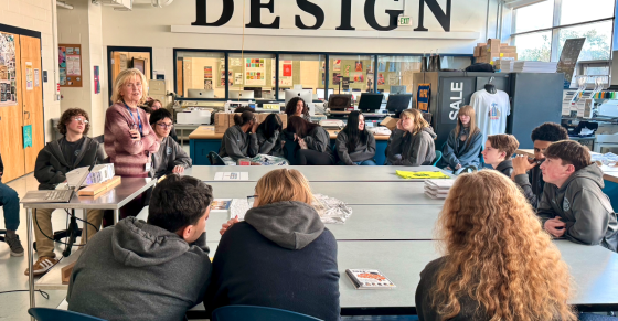 Norwich Tech high school students discuss art and design with Central professor Peggy Loomer.