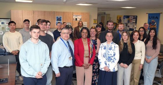 US Rep Jahana Hayes poses with student veterans in Central's Office of Veterans Affairs