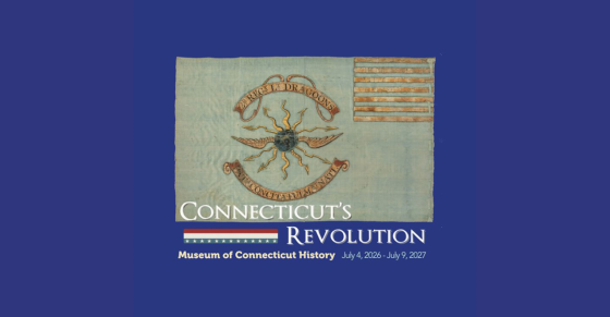 Graphic of antique Revolutionary War flag and Connecticut's Revolution logo on blue background