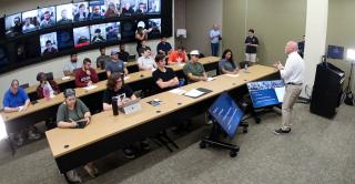 Dr. John Tully leads a lecture in Central's new Proscenium Hyflex 2.0 classroom.