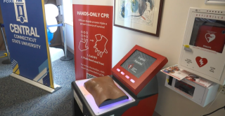 Screen grab from a Fox 61 news report about Central's CPR training kiosk