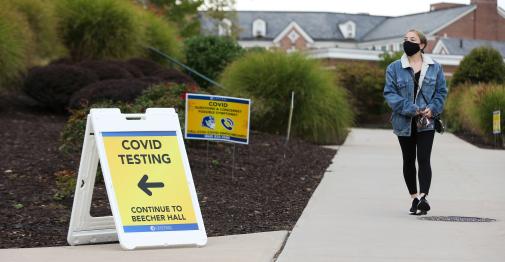 Student walking towards COVID Testing site