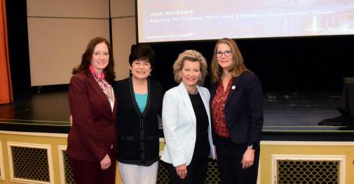 Provost Kimberly Kostelis; President Zulma R. Toro; Joan Woodward of Travelers; and School of Business Dean Lisa Frank at the 2025 American Savings Foundation lecture.