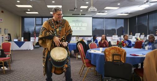 A drumming demonstration at the annual Africana Conference at Central.