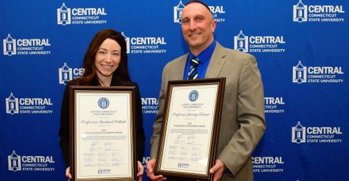 Jeremy Visone and Rachel Pelletti, winners of the 2025 Excellence in Teaching awards