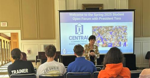 President Toro speaks to students at Monday's open forum.