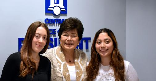 Alexia Strumi, Graphic Design Student Worker, Office of Marketing and Communications, President Zulma R. Toro, Emily Ramirez, Graphic Design Student Worker, Office of Marketing and Communications.