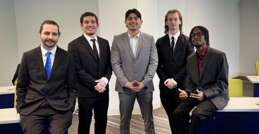 Team Central—comprised of Tyler Brown, John Legge, Jonathan Orlando, Gjin Rexhaj, and Luis Sebastian Sanchez—is shown here at on April 8 at the UConn School of Business during the Quantum Challenge UP competition.