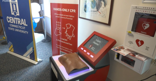 Screen grab from a Fox 61 news report about Central's CPR training kiosk