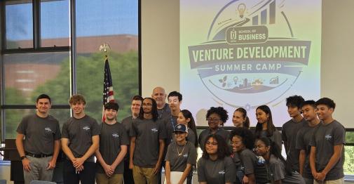 Students in Venture Development Summer Camp are shown in the Constitution Room at Memorial Hall.