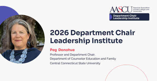 Peg Donohue portrait with AASCU leadership institute designation in text