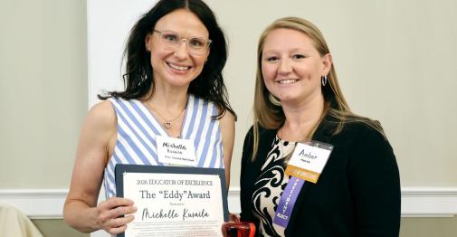 Professor Michelle Kusaila (left) accepts the 2026 Educators of Excellence Award from CTCPA Chair-elect Amber Moore of Goldblatt Bokoff.