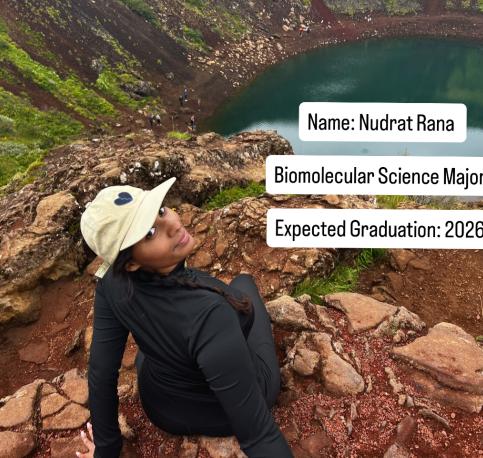 Biomecular Science Student looking down at a lake from above